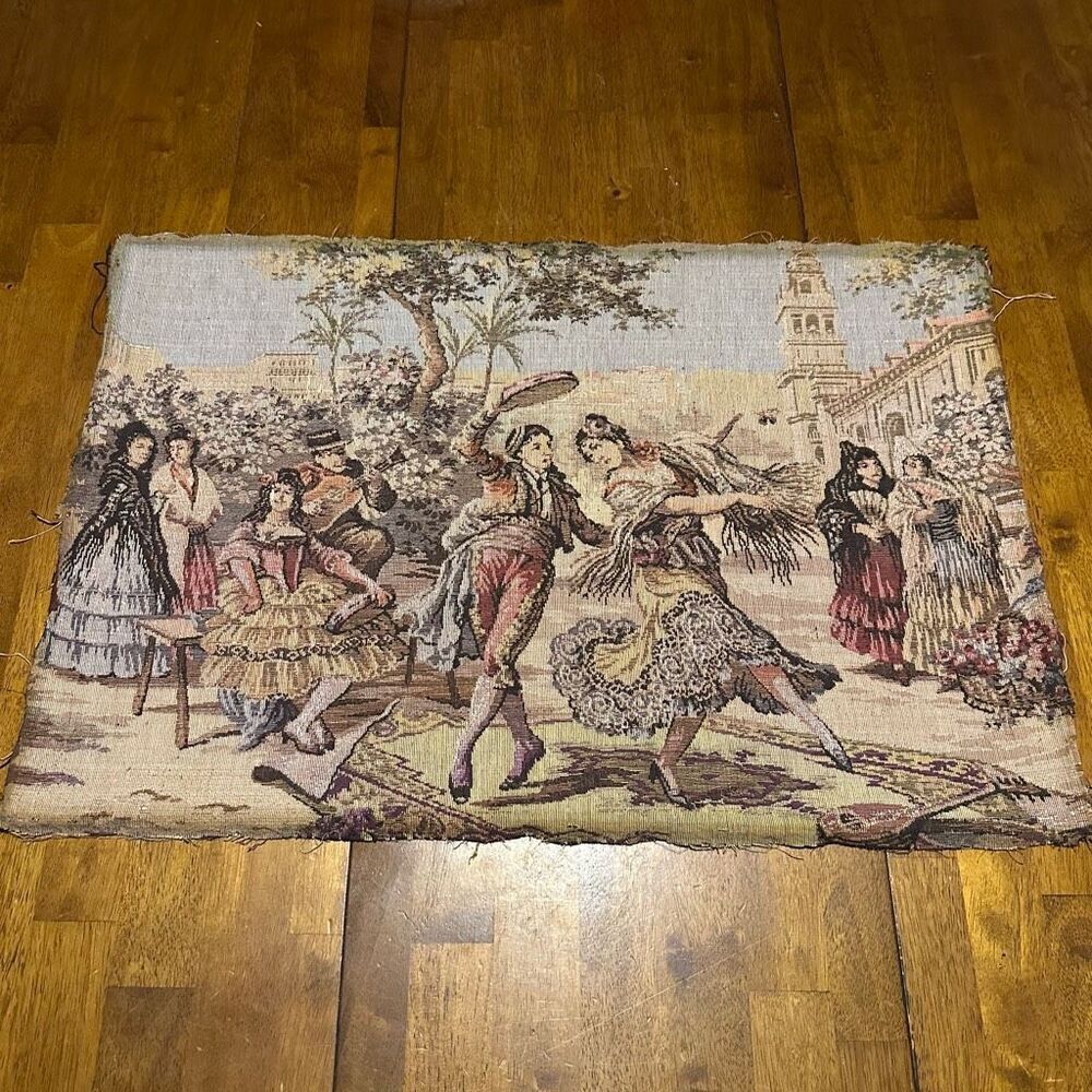 Antique Tapestry Embroidery Spanish Dancers Town Square Made in Barcelona Decor